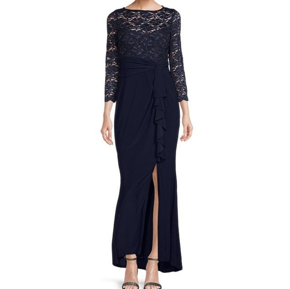 Marina Navy Cascade Lace Evening Gown size 8-10